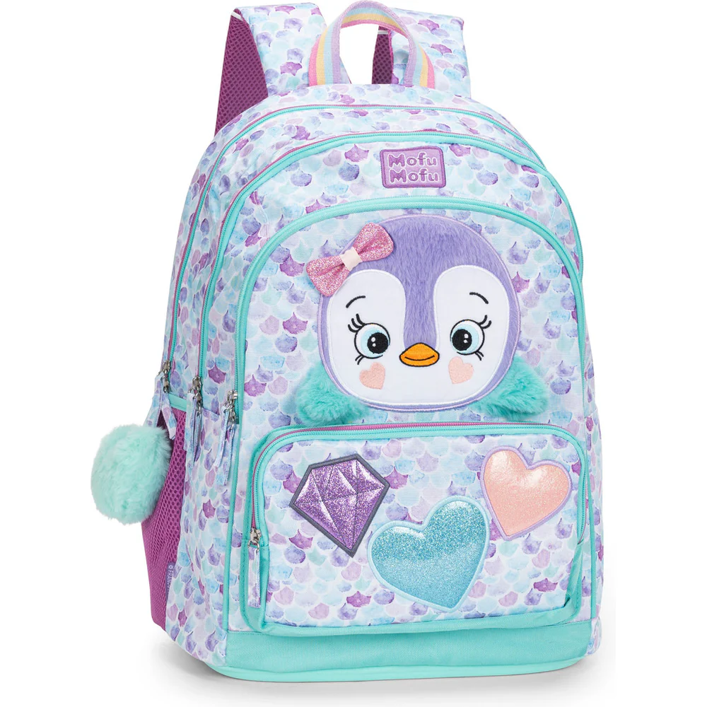 Zaino Scuola Organizzato Mofu Mofu Pinguino Verde/lilla