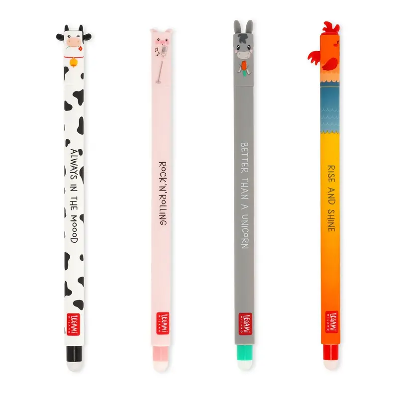 set di 4 penne gel cancellabili erasable pen animali fattoria legami
