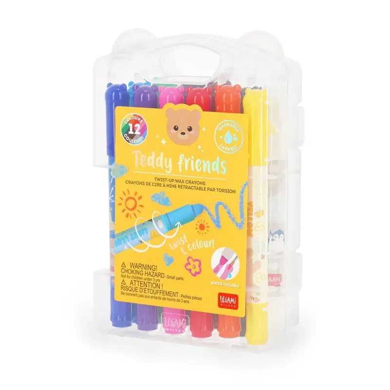set di 12 pastelli a cera a rotazione teddy friends legami